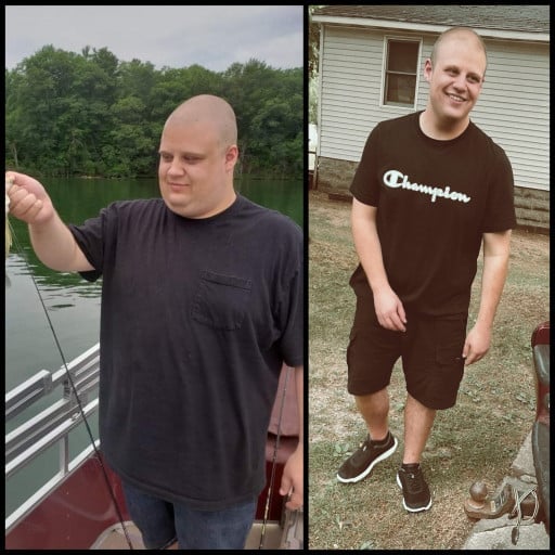 A before and after photo of a 5'11" male showing a weight reduction from 335 pounds to 218 pounds. A net loss of 117 pounds.