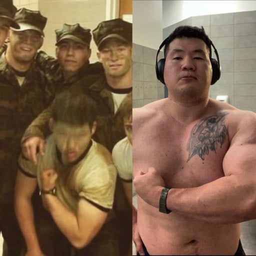 6 foot Male Before and After 65 lbs Muscle Gain 185 lbs to 250 lbs