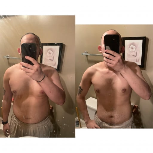 A progress pic of a 5'7" man showing a fat loss from 198 pounds to 162 pounds. A total loss of 36 pounds.
