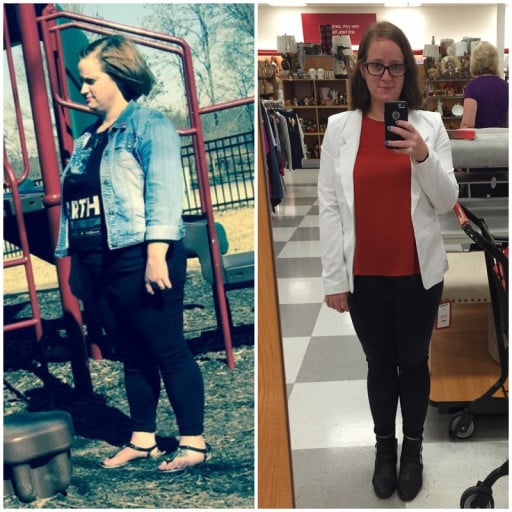 A progress pic of a 5'3" woman showing a fat loss from 195 pounds to 165 pounds. A net loss of 30 pounds.