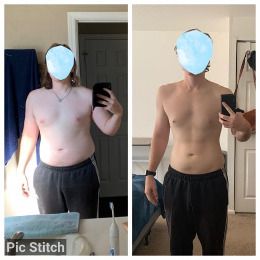 A progress pic of a 6'0" man showing a fat loss from 220 pounds to 175 pounds. A total loss of 45 pounds.
