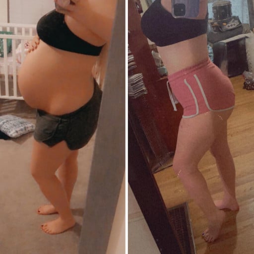 A before and after photo of a 5'4" female showing a weight reduction from 219 pounds to 155 pounds. A net loss of 64 pounds.