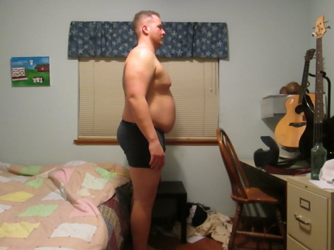 A before and after photo of a 6'3" male showing a snapshot of 294 pounds at a height of 6'3