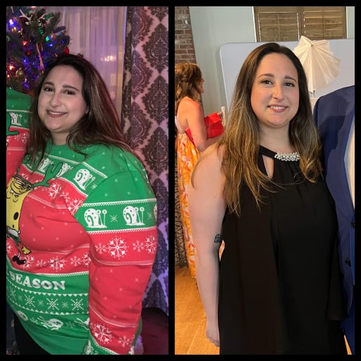 A before and after photo of a 5'0" female showing a weight reduction from 205 pounds to 178 pounds. A respectable loss of 27 pounds.