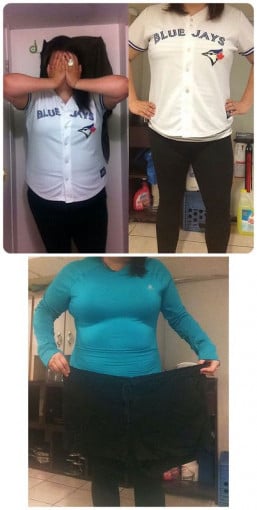 A before and after photo of a 5'3" female showing a weight reduction from 255 pounds to 215 pounds. A respectable loss of 40 pounds.