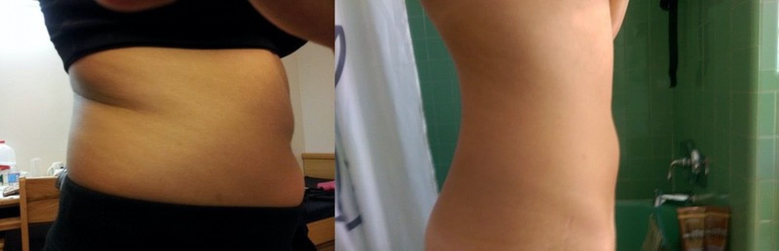 A progress pic of a 5'1" woman showing a fat loss from 134 pounds to 110 pounds. A respectable loss of 24 pounds.