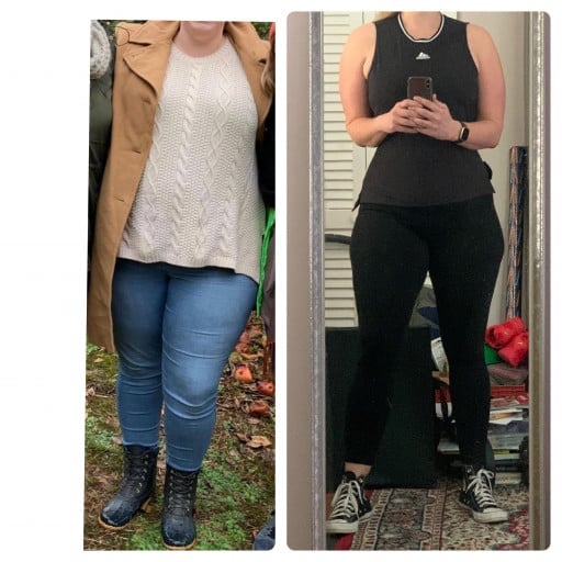 A picture of a 5'8" female showing a weight loss from 287 pounds to 198 pounds. A net loss of 89 pounds.