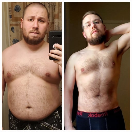 A before and after photo of a 5'4" male showing a weight reduction from 210 pounds to 140 pounds. A net loss of 70 pounds.