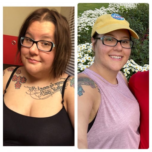 A progress pic of a 5'11" woman showing a fat loss from 290 pounds to 197 pounds. A total loss of 93 pounds.