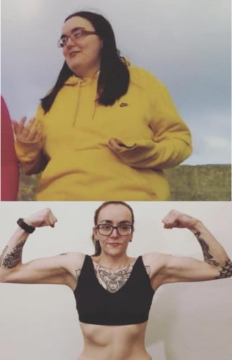 A progress pic of a 5'4" woman showing a fat loss from 224 pounds to 118 pounds. A net loss of 106 pounds.
