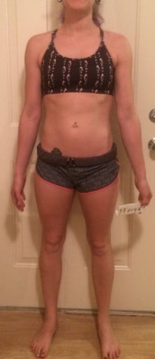 A before and after photo of a 5'5" female showing a snapshot of 128 pounds at a height of 5'5