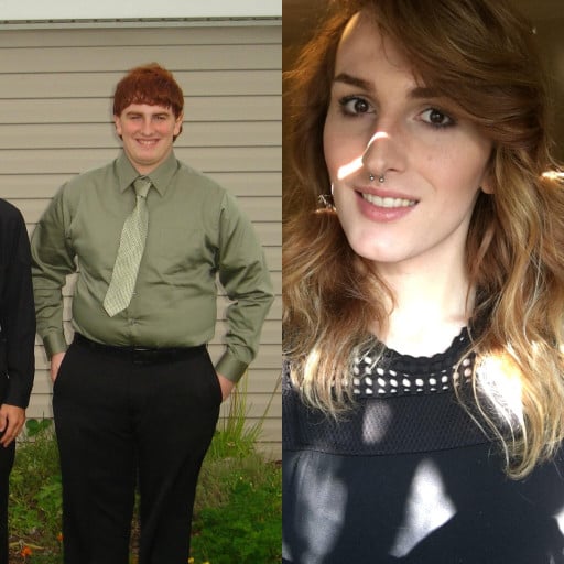A progress pic of a 5'11" woman showing a fat loss from 250 pounds to 165 pounds. A total loss of 85 pounds.