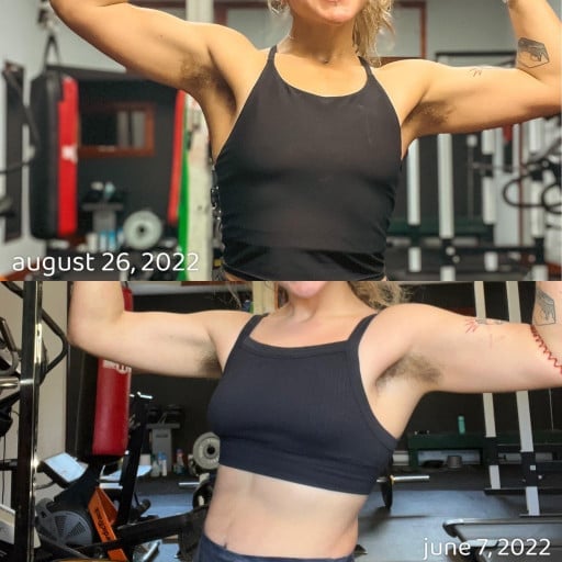 A photo of a 5'5" woman showing a weight cut from 163 pounds to 150 pounds. A total loss of 13 pounds.