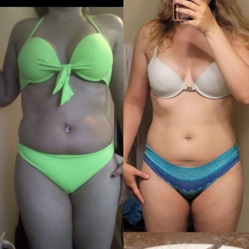 A before and after photo of a 5'3" female showing a weight reduction from 157 pounds to 135 pounds. A net loss of 22 pounds.