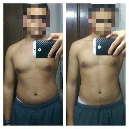 A before and after photo of a 5'4" male showing a weight reduction from 136 pounds to 120 pounds. A respectable loss of 16 pounds.