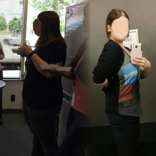 A before and after photo of a 5'4" female showing a weight cut from 230 pounds to 175 pounds. A total loss of 55 pounds.