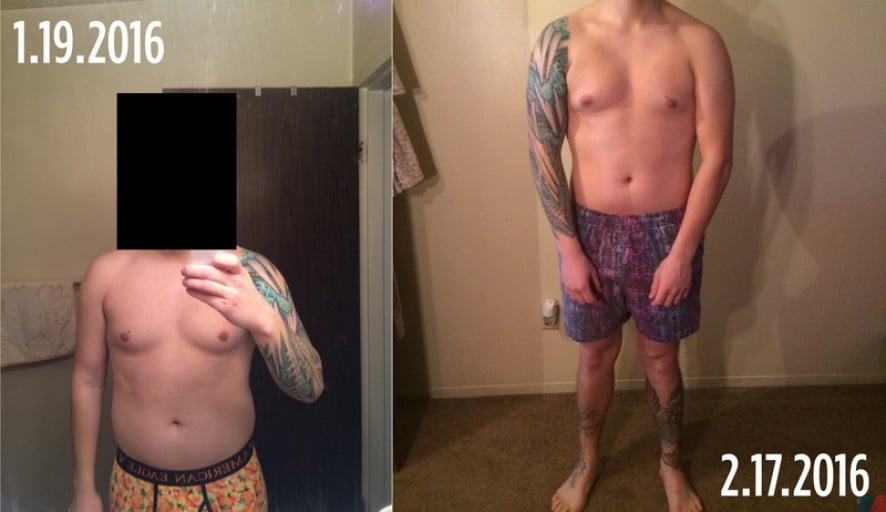 A photo of a 5'10" man showing a weight cut from 201 pounds to 190 pounds. A net loss of 11 pounds.