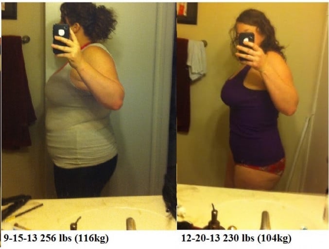 A progress pic of a 5'8" woman showing a fat loss from 256 pounds to 230 pounds. A net loss of 26 pounds.