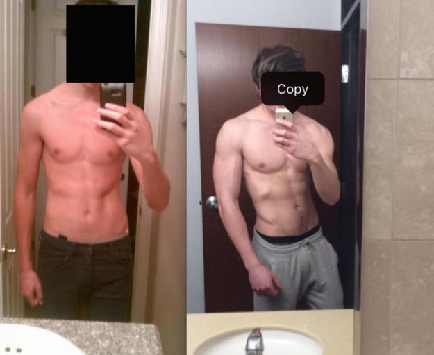 A before and after photo of a 6'5" male showing a muscle gain from 140 pounds to 185 pounds. A net gain of 45 pounds.