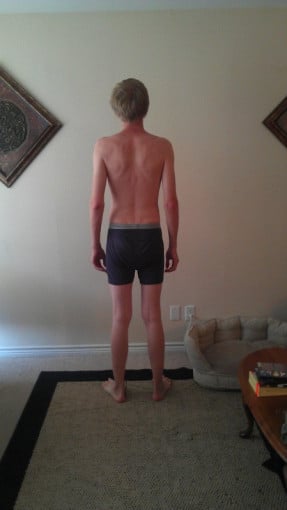 A before and after photo of a 6'5" male showing a snapshot of 149 pounds at a height of 6'5