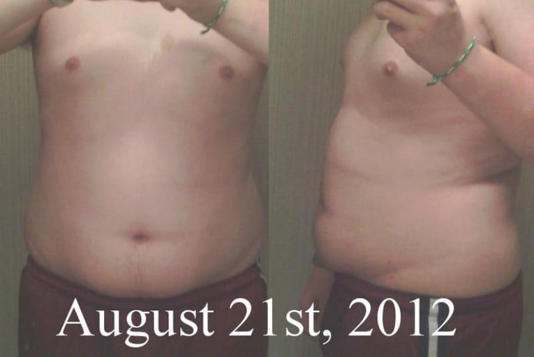 A progress pic of a 5'9" man showing a weight reduction from 210 pounds to 134 pounds. A respectable loss of 76 pounds.
