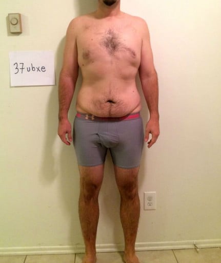 A before and after photo of a 6'0" male showing a snapshot of 214 pounds at a height of 6'0
