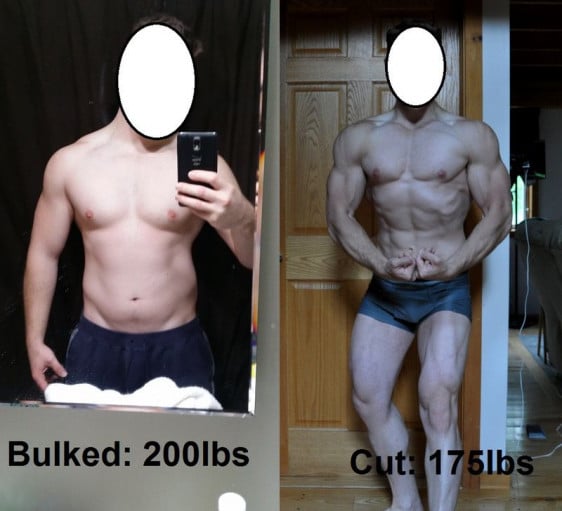A picture of a 5'9" male showing a weight cut from 200 pounds to 175 pounds. A total loss of 25 pounds.