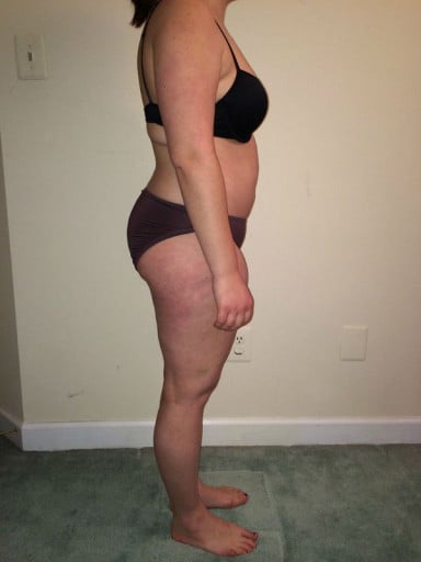 A before and after photo of a 5'2" female showing a snapshot of 155 pounds at a height of 5'2