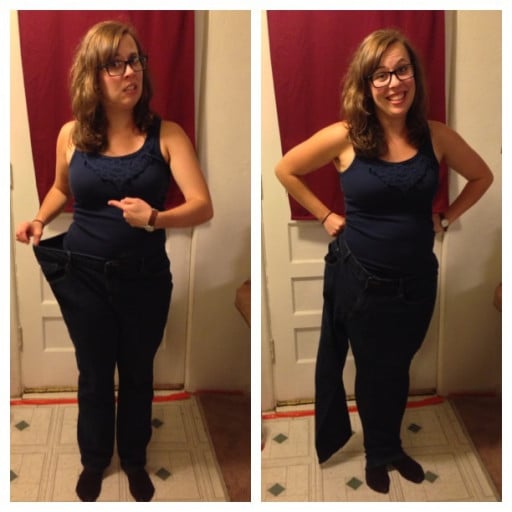 A photo of a 5'4" woman showing a fat loss from 198 pounds to 128 pounds. A total loss of 70 pounds.