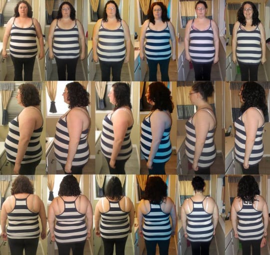 A photo of a 5'4" woman showing a fat loss from 247 pounds to 192 pounds. A net loss of 55 pounds.