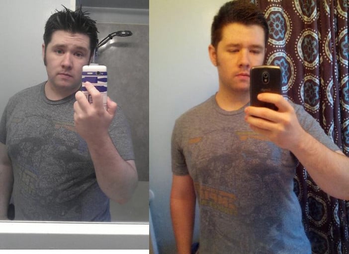 A progress pic of a 5'8" man showing a fat loss from 235 pounds to 184 pounds. A net loss of 51 pounds.