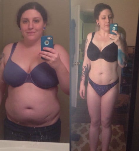 A before and after photo of a 5'6" female showing a weight loss from 217 pounds to 177 pounds. A net loss of 40 pounds.