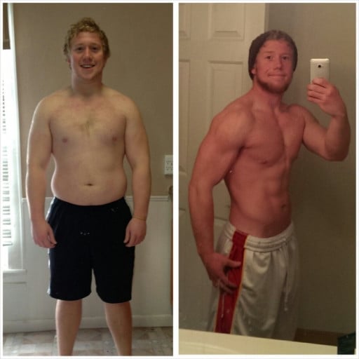 A before and after photo of a 5'10" male showing a weight reduction from 250 pounds to 195 pounds. A total loss of 55 pounds.