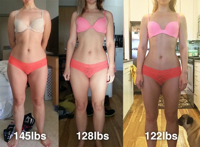 A photo of a 5'3" woman showing a weight loss from 147 pounds to 122 pounds. A net loss of 25 pounds.