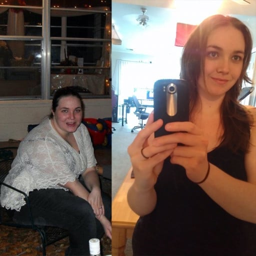 A progress pic of a 5'6" woman showing a fat loss from 290 pounds to 190 pounds. A total loss of 100 pounds.