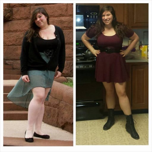 A before and after photo of a 5'8" female showing a fat loss from 237 pounds to 189 pounds. A total loss of 48 pounds.