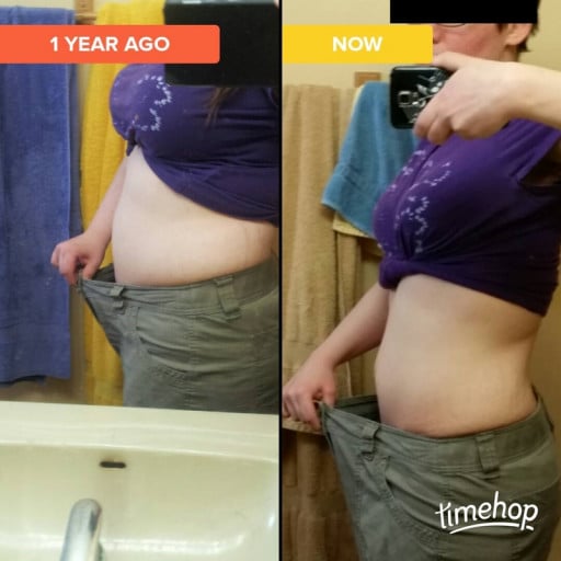 A progress pic of a 5'3" woman showing a fat loss from 195 pounds to 152 pounds. A total loss of 43 pounds.