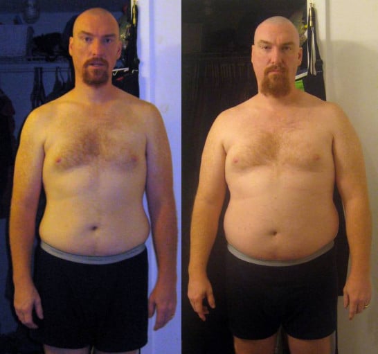A progress pic of a 6'0" man showing a fat loss from 250 pounds to 205 pounds. A respectable loss of 45 pounds.