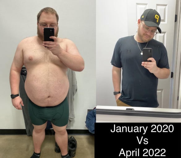 A picture of a 5'9" male showing a weight loss from 305 pounds to 223 pounds. A net loss of 82 pounds.
