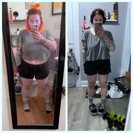 A progress pic of a 5'1" woman showing a fat loss from 220 pounds to 141 pounds. A net loss of 79 pounds.