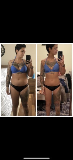 A picture of a 5'4" female showing a weight loss from 157 pounds to 138 pounds. A total loss of 19 pounds.