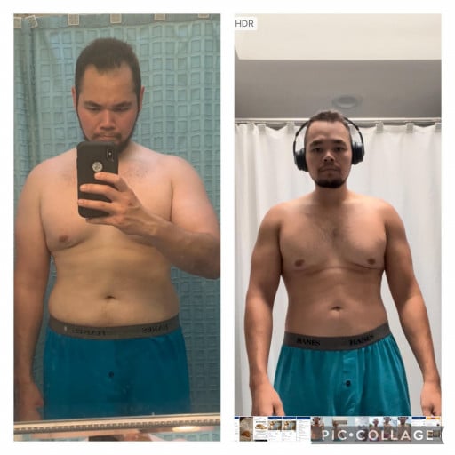 A picture of a 6'2" male showing a weight loss from 245 pounds to 205 pounds. A total loss of 40 pounds.