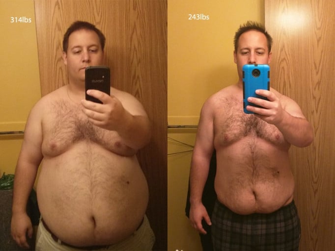 A progress pic of a 5'9" man showing a fat loss from 314 pounds to 243 pounds. A respectable loss of 71 pounds.