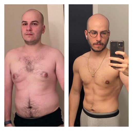 A photo of a 5'10" man showing a weight cut from 210 pounds to 170 pounds. A total loss of 40 pounds.