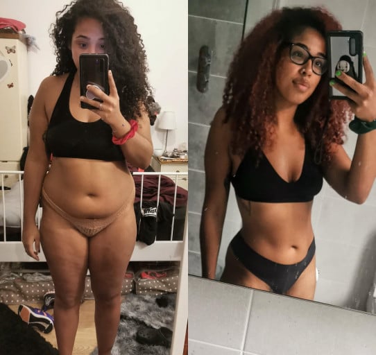 A progress pic of a 5'5" woman showing a fat loss from 200 pounds to 187 pounds. A net loss of 13 pounds.
