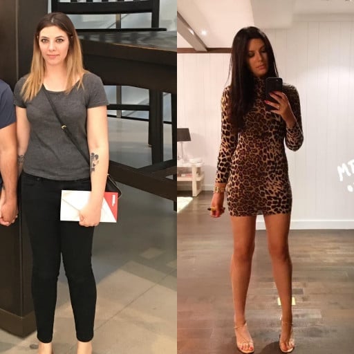 A before and after photo of a 5'9" female showing a weight reduction from 186 pounds to 149 pounds. A total loss of 37 pounds.
