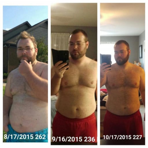 A progress pic of a 5'7" man showing a fat loss from 236 pounds to 227 pounds. A respectable loss of 9 pounds.