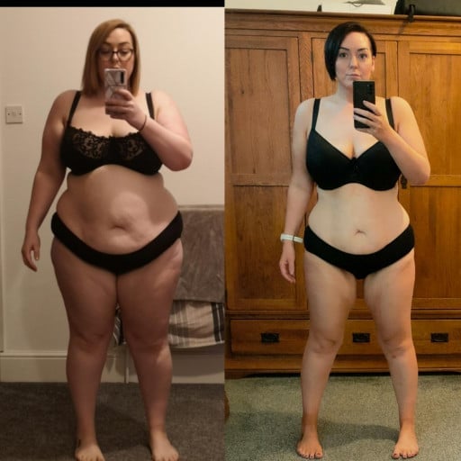 A progress pic of a 5'6" woman showing a fat loss from 300 pounds to 200 pounds. A respectable loss of 100 pounds.