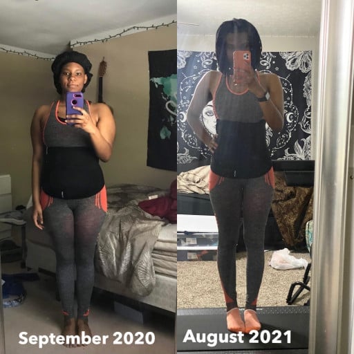 Before and After 65 lbs Weight Loss 5 feet 7 Female 230 lbs to 165 lbs