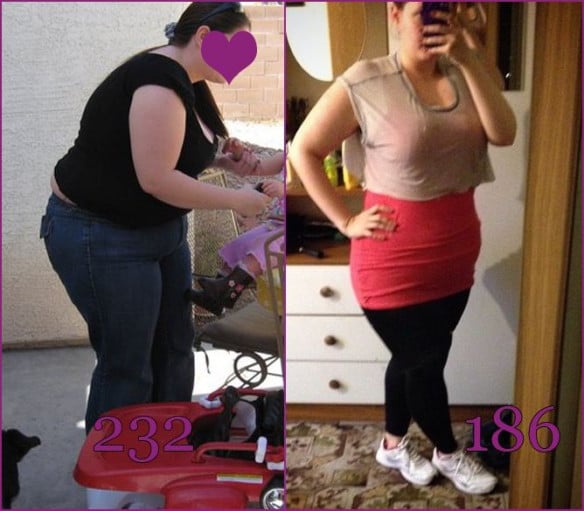 A progress pic of a 5'2" woman showing a fat loss from 232 pounds to 186 pounds. A net loss of 46 pounds.
